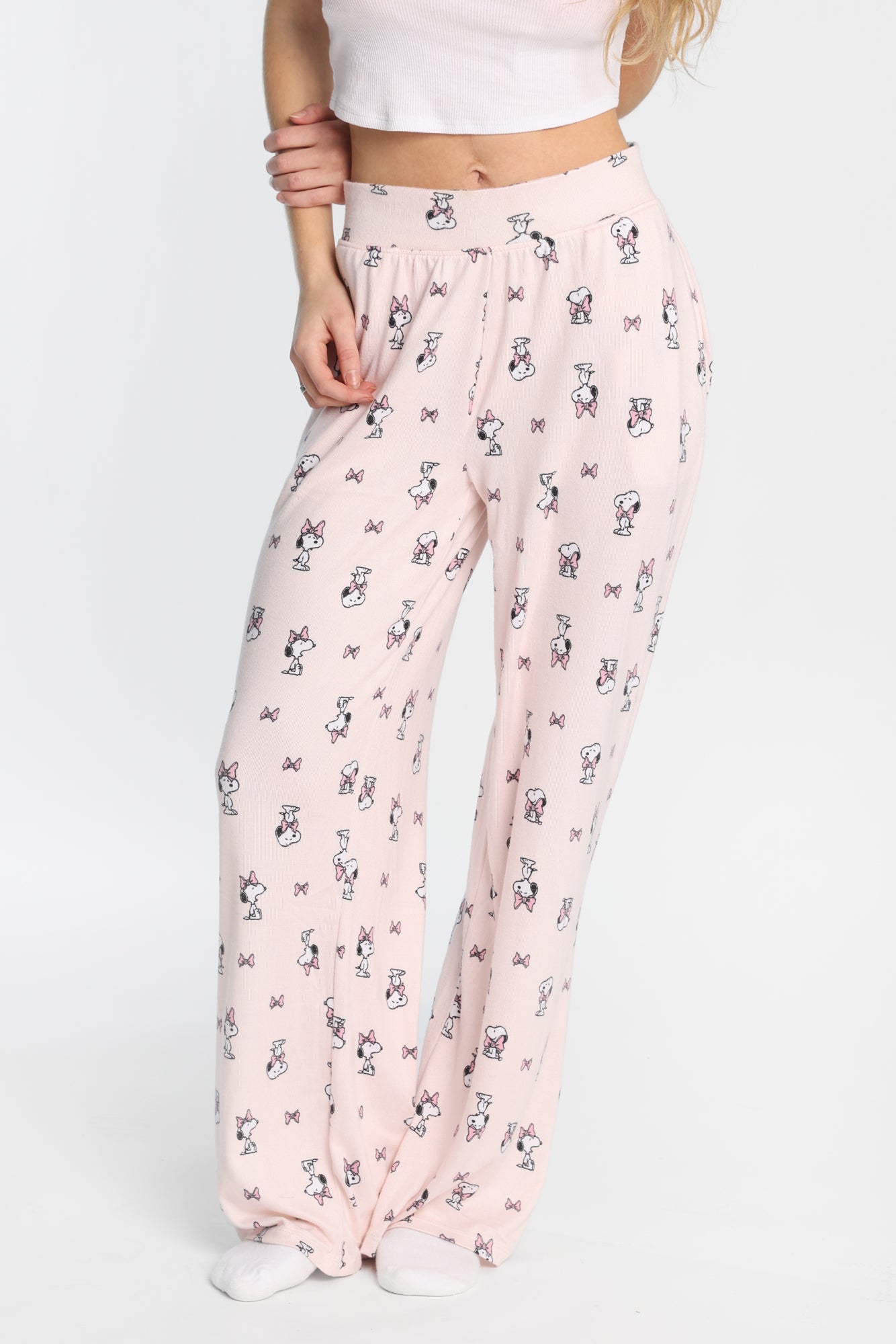 Peanuts Snoopy Bow Super Soft Wide Leg Pajama Pants - Light Pink /