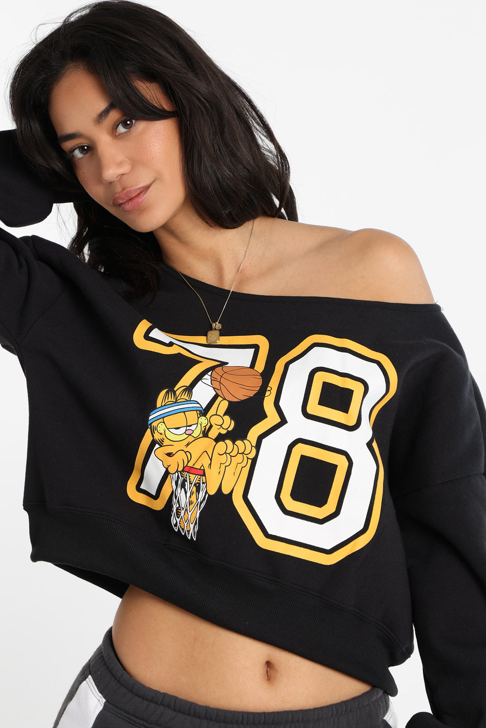 Sweatshirt à épaules dénudées imprimé Garfield 78 Sweatshirt à épaules dénudées imprimé Garfield 78
