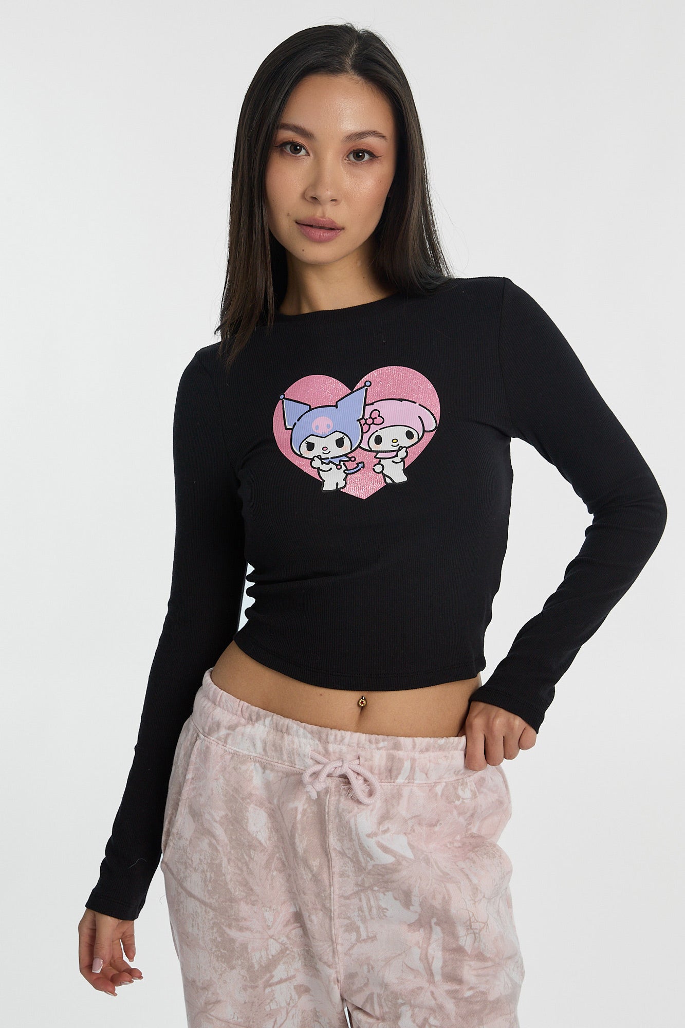 Kuromi My Melody Graphic Long Sleeve Baby Tee - Black /