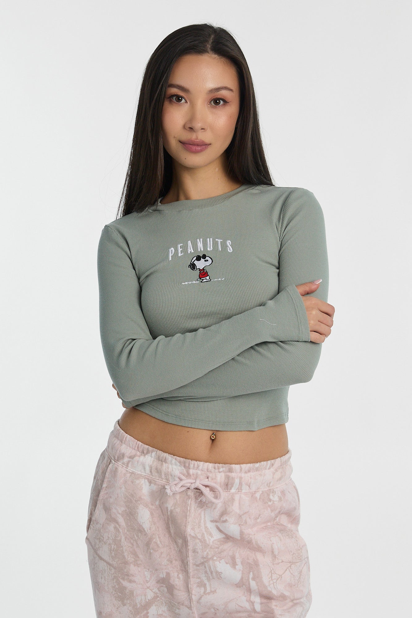 Peanuts Snoopy Embroidered Long Sleeve Baby Tee - Jade /