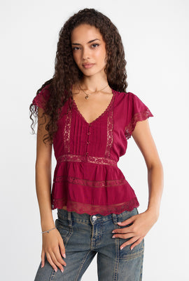 AERO Lace Panel Tie-Back Babydoll Top