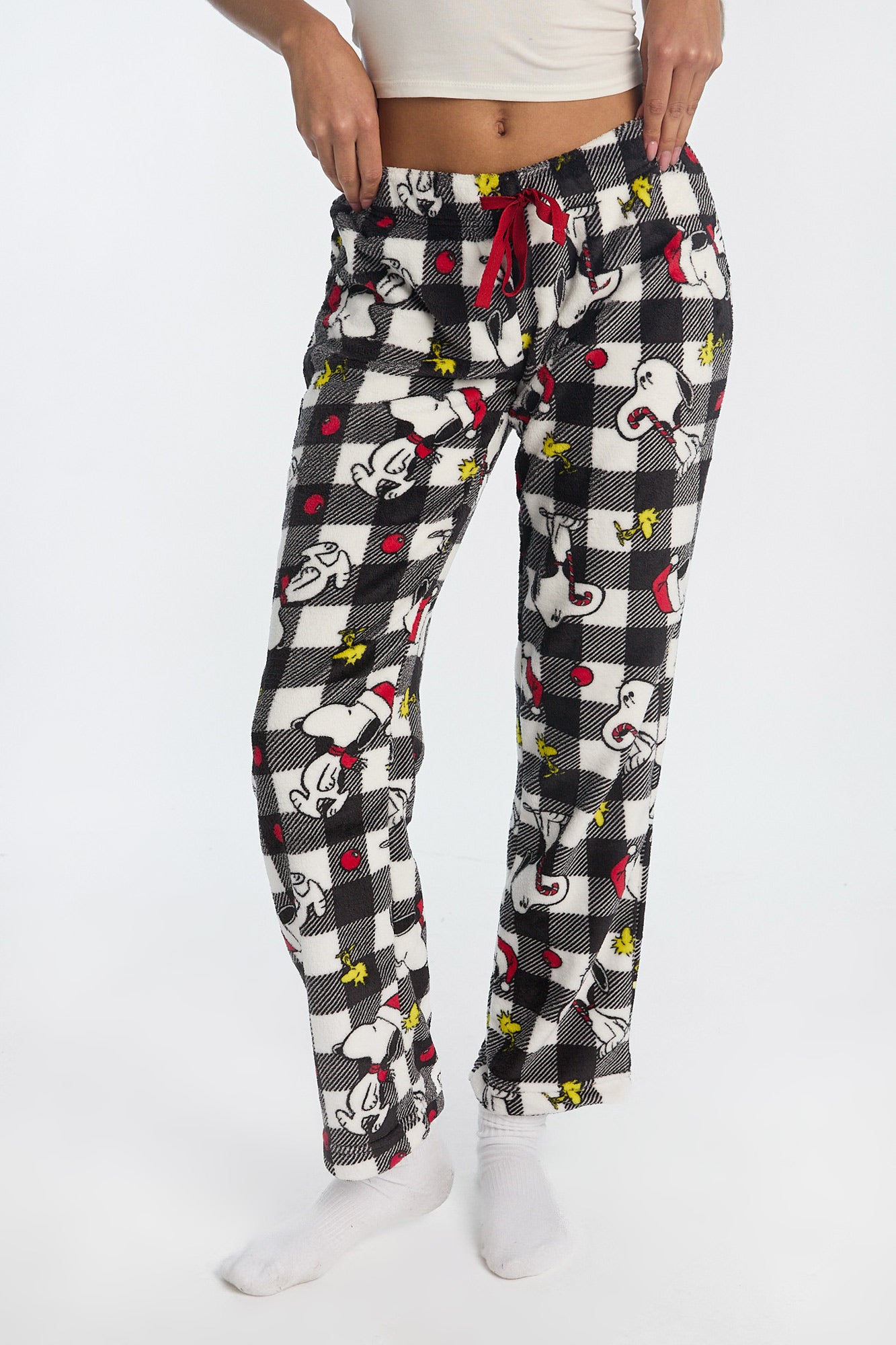 Peanuts Snoopy Plaid Plush Pajama Pant - Black with White /