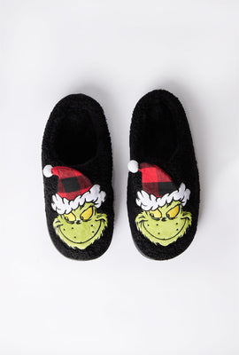 Pantoufles peluche Le Grinch avec chapeau du Père Noël à carreaux