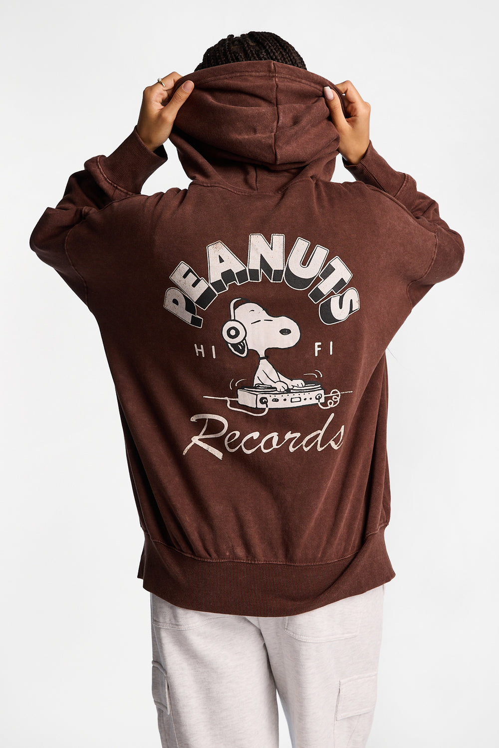 Haut à capuchon surdimensionné zippé imprimé Peanuts Snoopy Records Haut à capuchon surdimensionné zippé imprimé Peanuts Snoopy Records