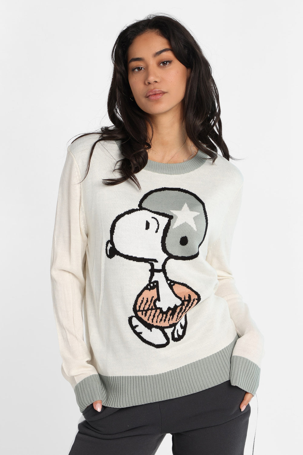 Peanuts Snoopy Football Graphic Crew Neck Sweater Peanuts Snoopy Football Graphic Crew Neck Sweater